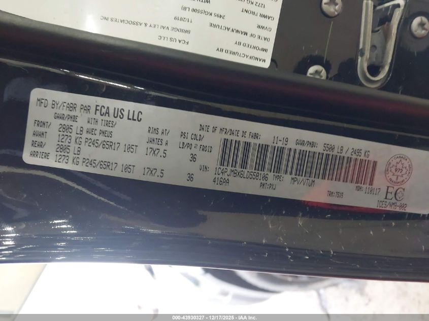 2020 Jeep Cherokee Trailhawk VIN: 1C4PJMBX6LD558106 Lot: 43930327