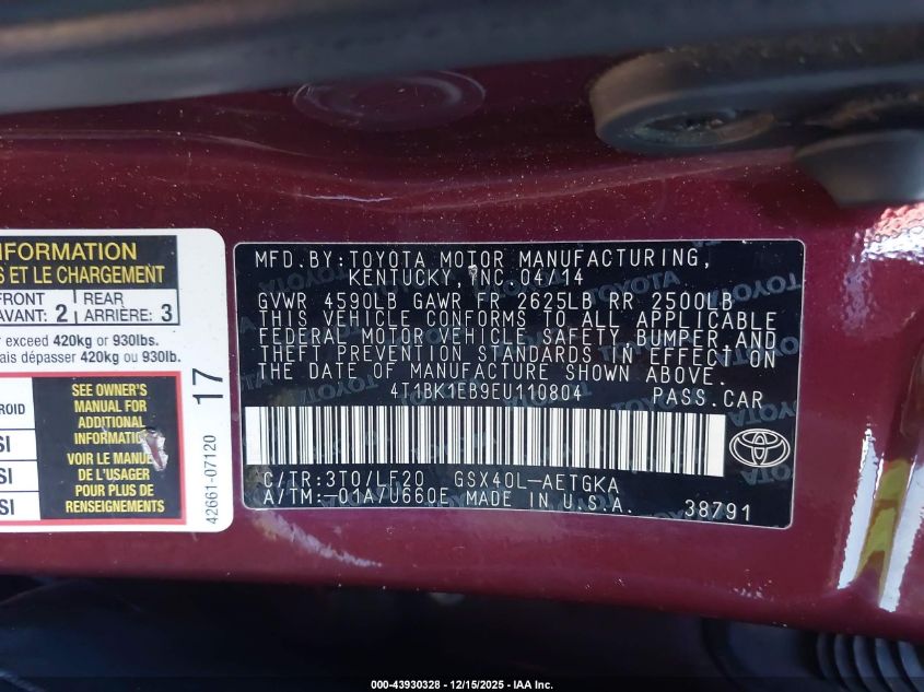 2014 Toyota Avalon Xle Premium VIN: 4T1BK1EB9EU110804 Lot: 43930328