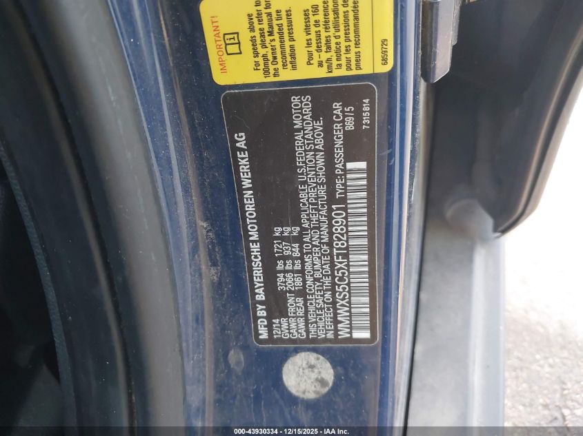 2015 Mini Hardtop Cooper VIN: WMWXS5C5XFT828901 Lot: 43930334