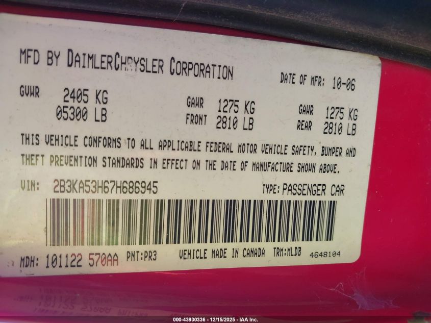 2007 Dodge Charger Rt VIN: 2B3KA53H67H686945 Lot: 43930336