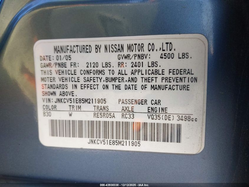2005 Infiniti G35 VIN: JNKCV51E85M211905 Lot: 43930338