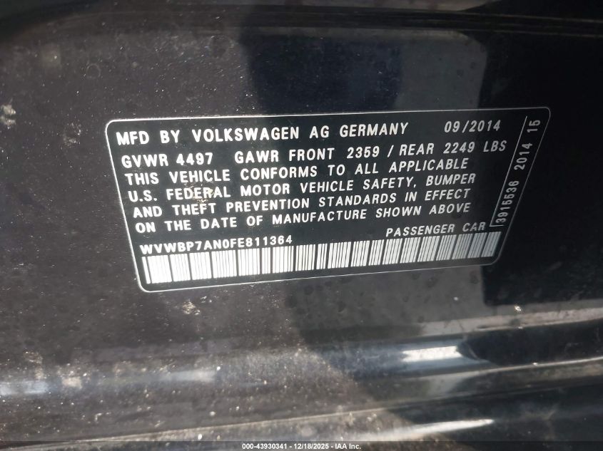 2015 Volkswagen Cc 2.0T R-Line VIN: WVWBP7AN0FE811364 Lot: 43930341