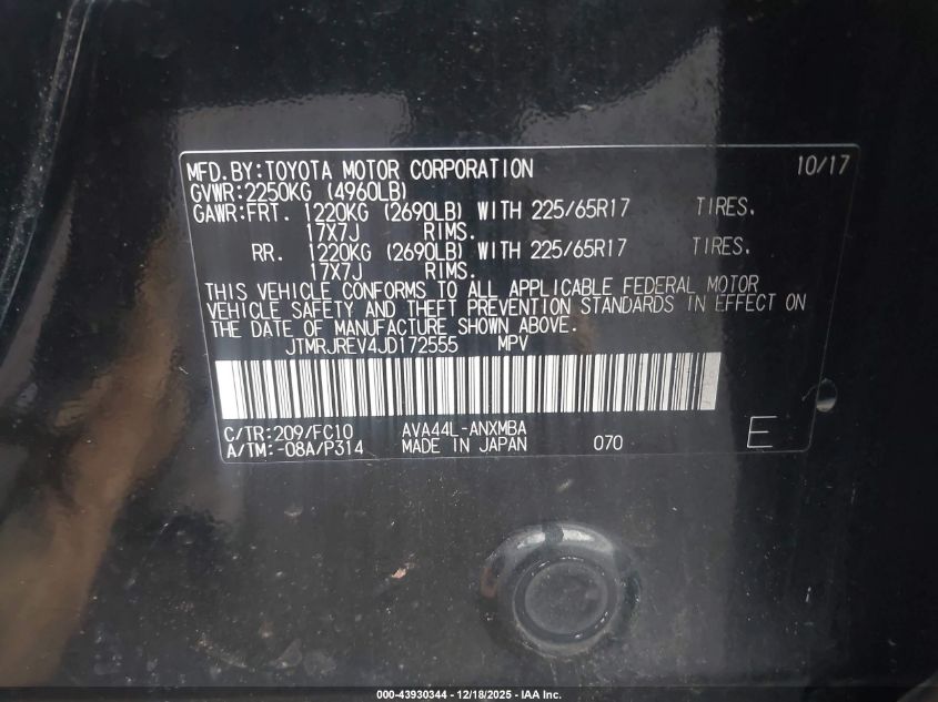 2018 Toyota Rav4 Hybrid Xle VIN: JTMRJREV4JD172555 Lot: 43930344