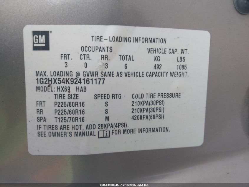 2002 Pontiac Bonneville Se VIN: 1G2HX54K924161177 Lot: 43930345