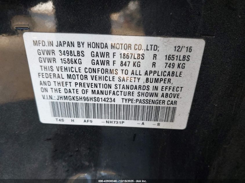 2017 Honda Fit Ex-L VIN: JHMGK5H96HS014234 Lot: 43930346