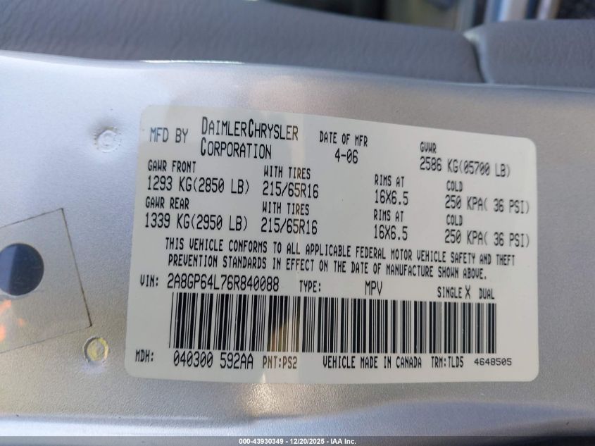 2006 Chrysler Town & Country Limited VIN: 2A8GP64L76R840088 Lot: 43930349