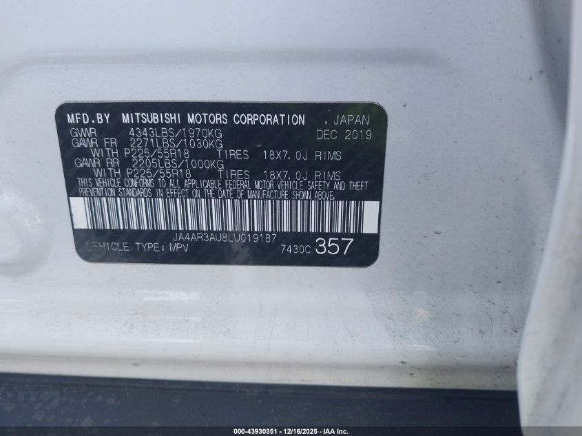 2020 Mitsubishi Outlander Sport 2.0 Be Awc VIN: JA4AR3AU8LU019187 Lot: 43930351