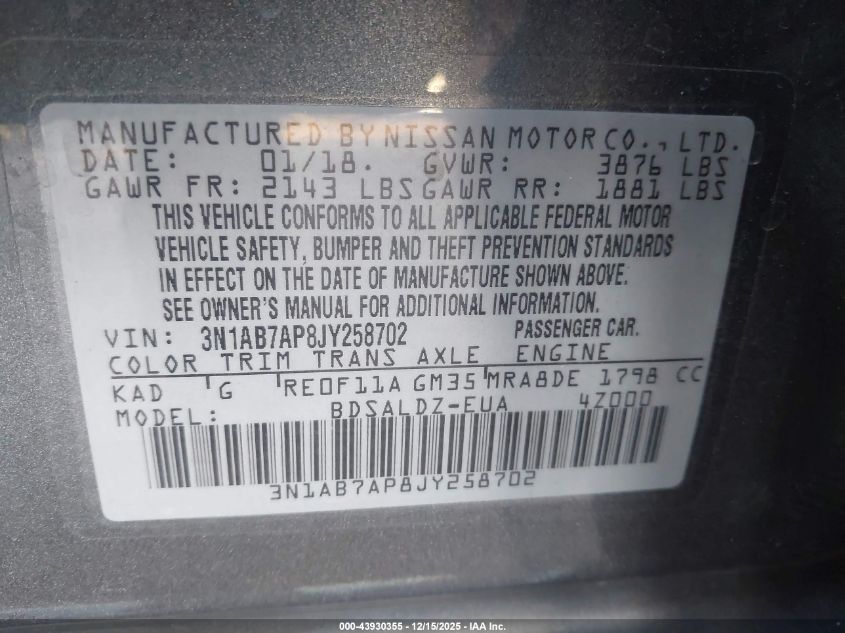 2018 Nissan Sentra Sv VIN: 3N1AB7AP8JY258702 Lot: 43930355