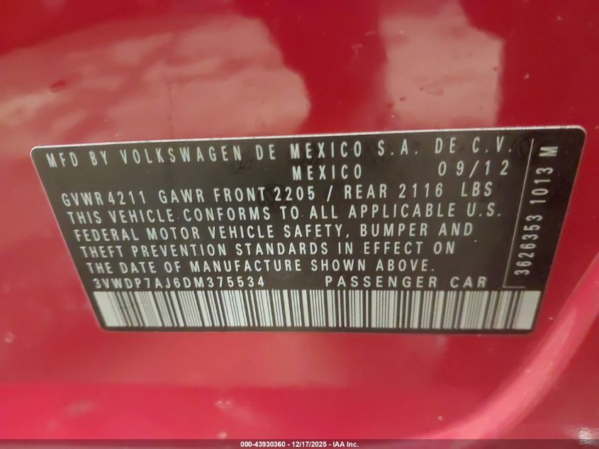 2013 Volkswagen Jetta 2.5L Se VIN: 3VWDP7AJ6DM375534 Lot: 43930360