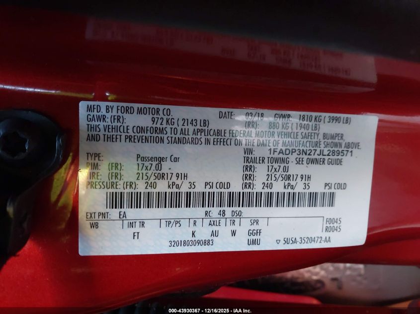 2018 Ford Focus Titanium VIN: 1FADP3N27JL289571 Lot: 43930367