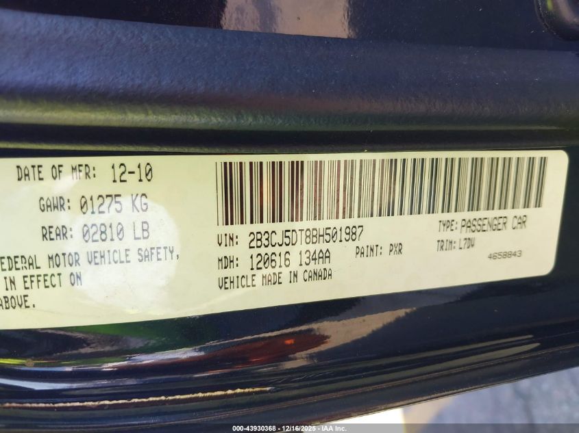 2011 Dodge Challenger R/T VIN: 2B3CJ5DT8BH501987 Lot: 43930368