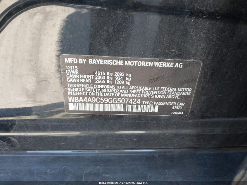 2016 BMW 428I Gran Coupe VIN: WBA4A9C59GG507424 Lot: 43930369