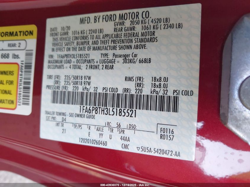 2020 Ford Mustang Ecoboost Fastback VIN: 1FA6P8TH3L5185521 Lot: 43930370