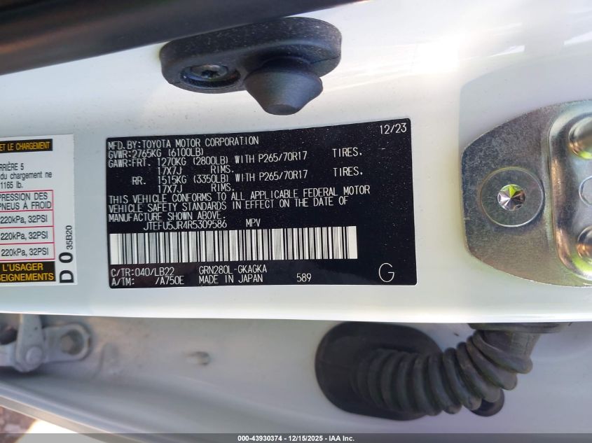 2024 Toyota 4Runner Sr5 Premium VIN: JTEFU5JR4R5309586 Lot: 43930374