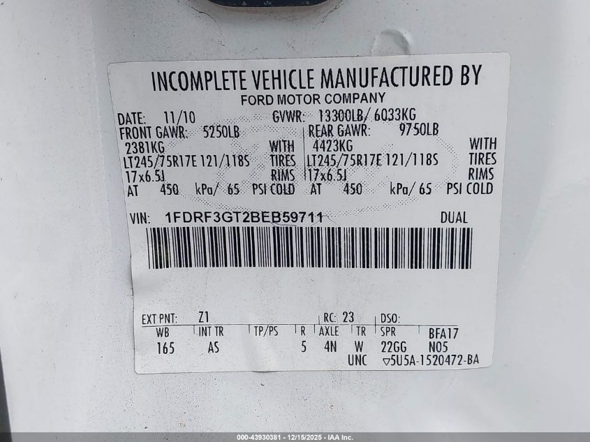 2011 Ford F-350 Chassis Xl VIN: 1FDRF3GT2BEB59711 Lot: 43930381