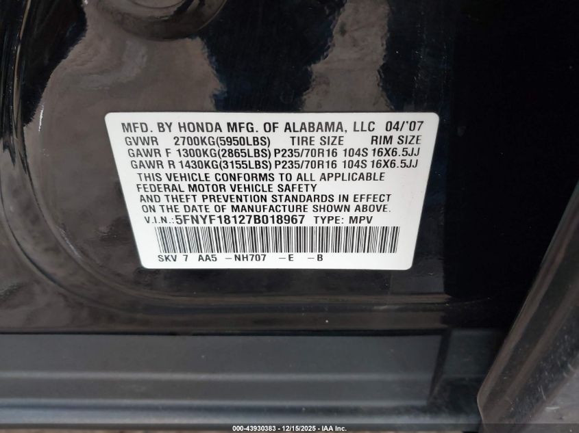 2007 Honda Pilot Lx VIN: 5FNYF18127B018967 Lot: 43930383
