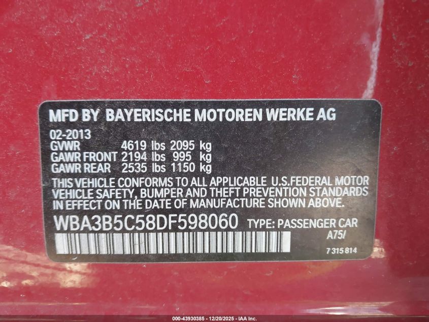 2013 BMW 328I xDrive VIN: WBA3B5C58DF598060 Lot: 43930385