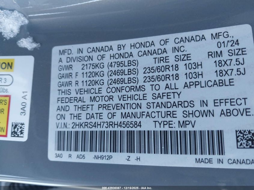 2024 Honda Cr-V Ex-L Awd VIN: 2HKRS4H73RH456584 Lot: 43930387
