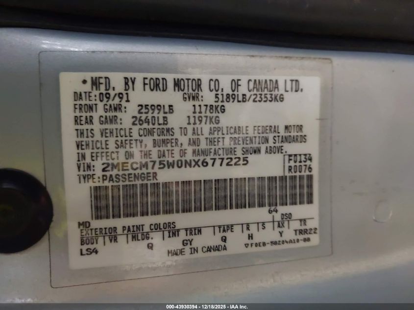 1992 Mercury Grand Marquis Ls VIN: 2MECM75W0NX677225 Lot: 43930394