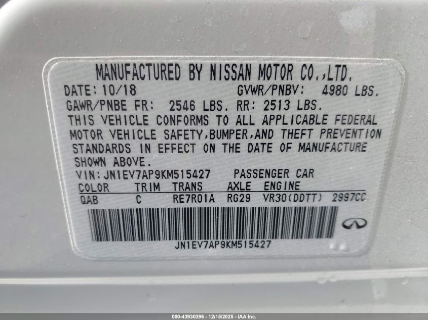 2019 Infiniti Q50 3.0T Luxe VIN: JN1EV7AP9KM515427 Lot: 43930396