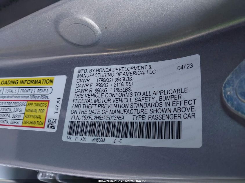 2023 Honda Civic Sport VIN: 19XFL2H85PE013559 Lot: 43930401