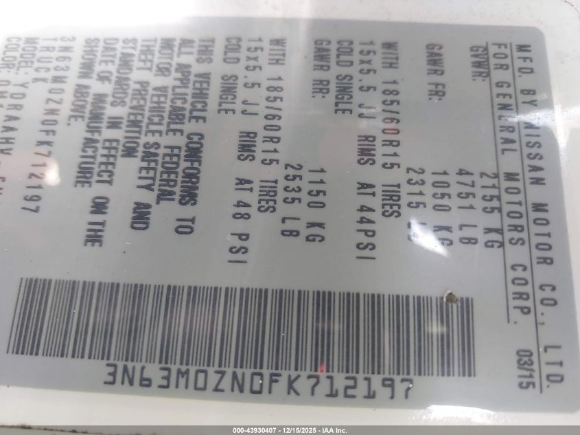 2015 Chevrolet City Express 1Lt VIN: 3N63M0ZN0FK712197 Lot: 43930407