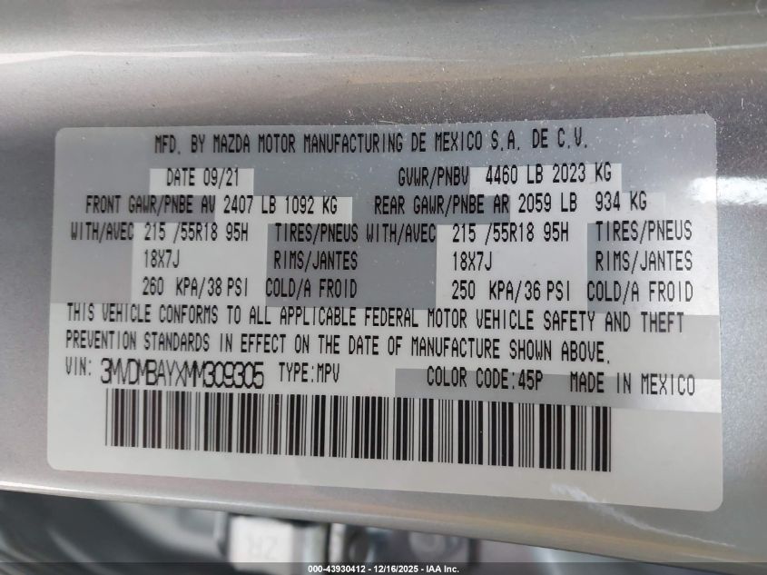 2021 Mazda Cx-30 2.5 Turbo VIN: 3MVDMBAYXMM309305 Lot: 43930412