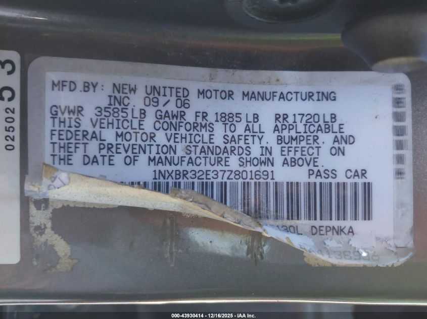 2007 Toyota Corolla Le VIN: 1NXBR32E37Z801691 Lot: 43930414