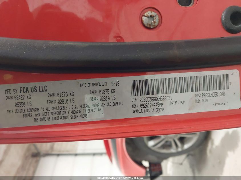 2019 Dodge Challenger Sxt Awd VIN: 2C3CDZGG6KH509621 Lot: 43930415