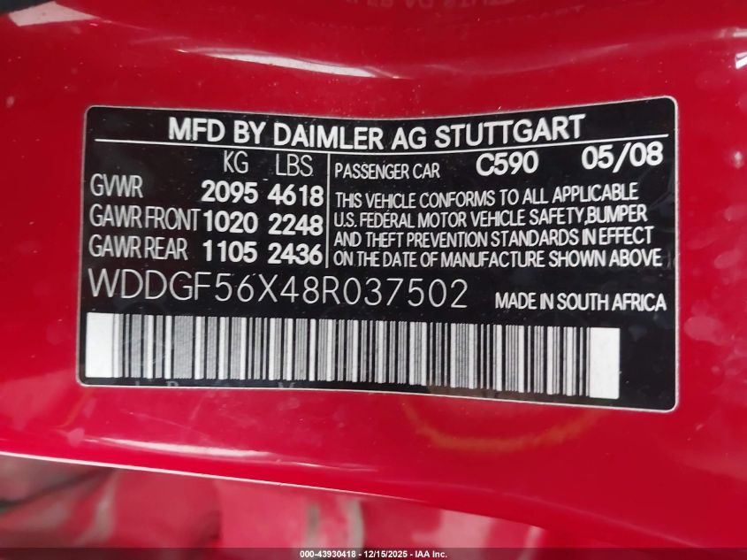 2008 Mercedes-Benz C 350 Sport VIN: WDDGF56X48R037502 Lot: 43930418
