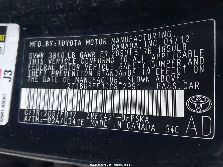 2012 Toyota Corolla S VIN: 2T1BU4EE1CC852991 Lot: 43930422