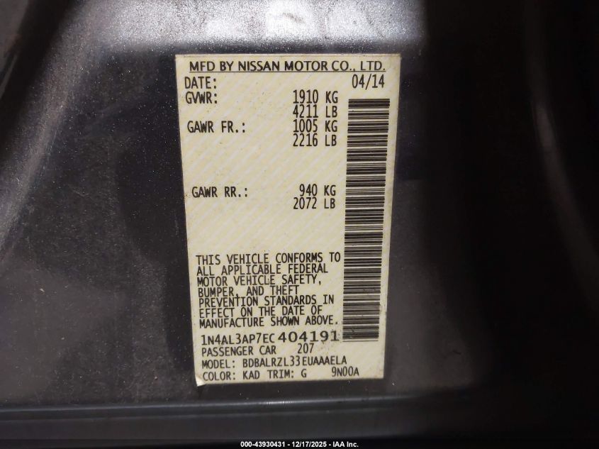 2014 Nissan Altima 2.5 S VIN: 1N4AL3AP7EC404191 Lot: 43930431