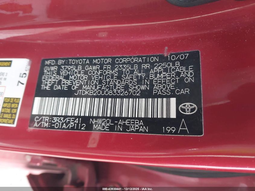 2008 Toyota Prius VIN: JTDKB20U083326702 Lot: 43930441