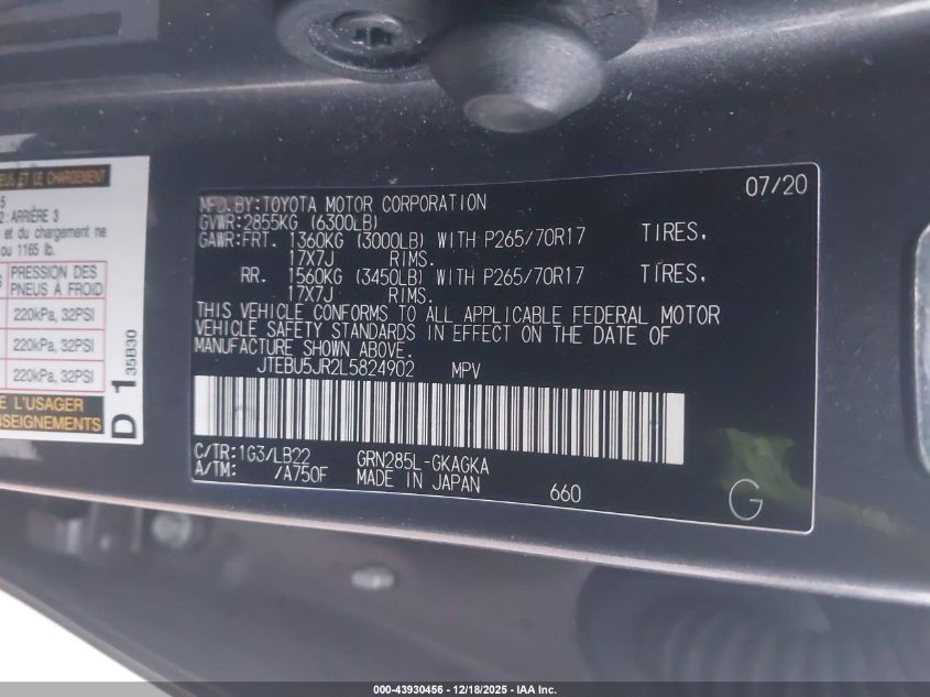 2020 Toyota 4Runner Sr5 Premium VIN: JTEBU5JR2L5824902 Lot: 43930456