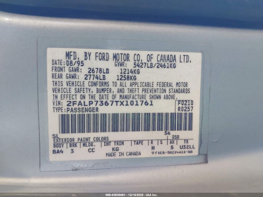 1996 Ford Crown Victoria VIN: 2FALP7367TX101761 Lot: 43930461