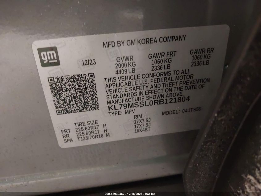 2024 Chevrolet Trailblazer Awd Activ VIN: KL79MSSL0RB121804 Lot: 43930462