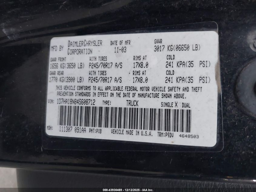 2004 Dodge Ram 1500 St VIN: 1D7HA18N84S608712 Lot: 43930469