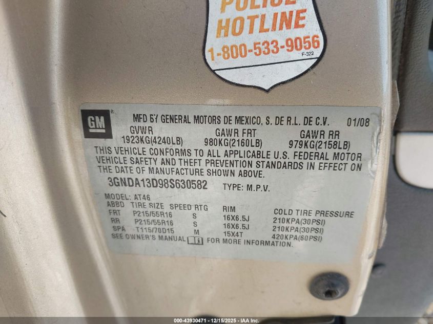2008 Chevrolet Hhr Ls VIN: 3GNDA13D98S630582 Lot: 43930471
