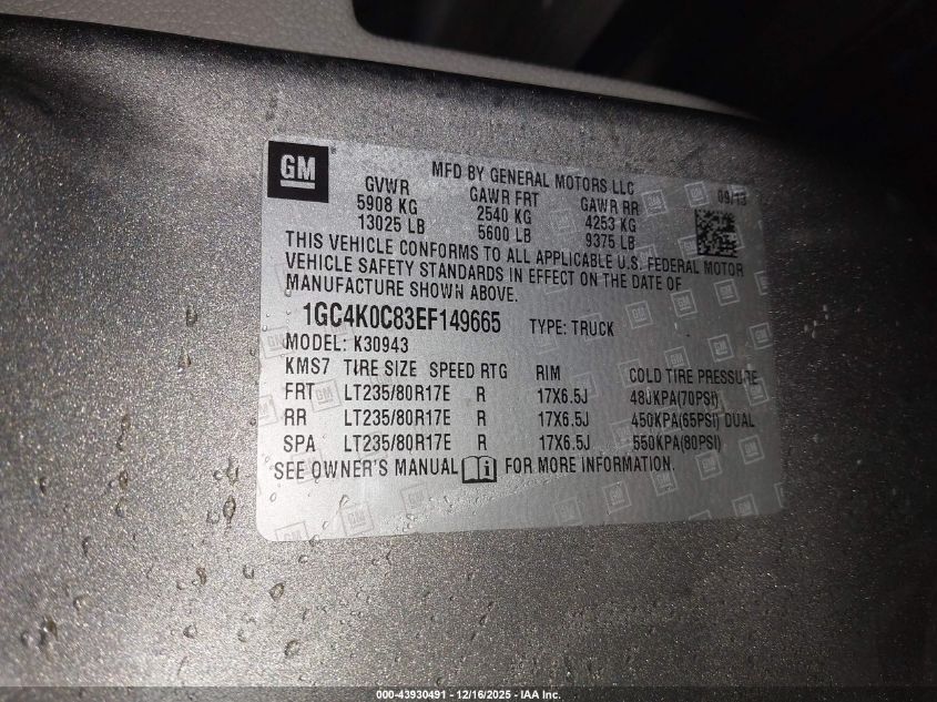 2014 Chevrolet Silverado 3500Hd Lt VIN: 1GC4K0C83EF149665 Lot: 43930491