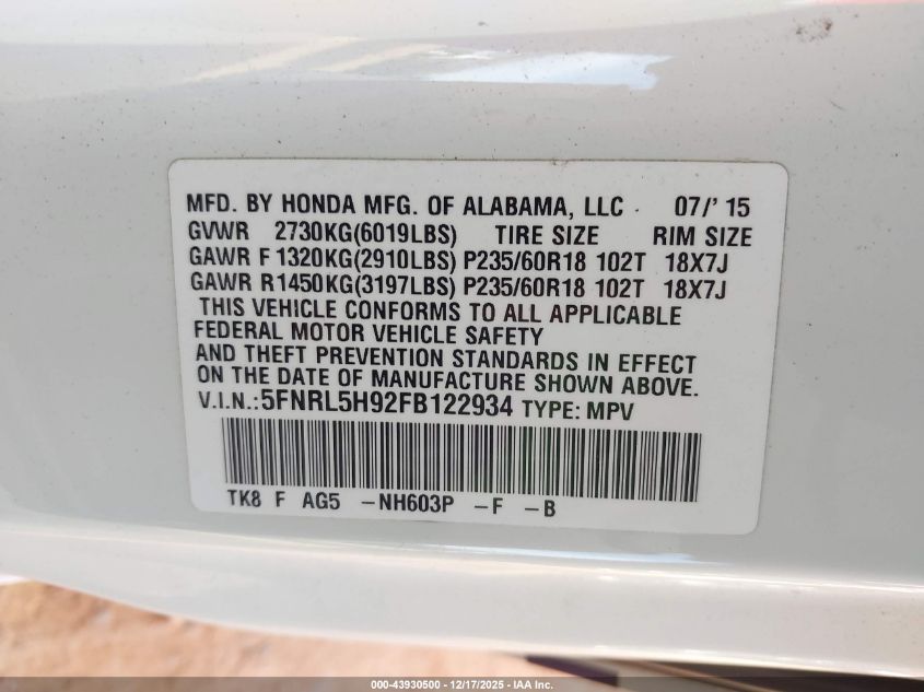 2015 Honda Odyssey Touring/Touring Elite VIN: 5FNRL5H92FB122934 Lot: 43930500