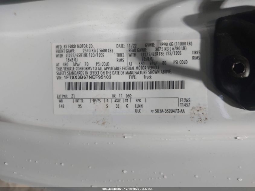 2022 Ford F-350 Xlt VIN: 1FT8X3B67NEF95103 Lot: 43930502