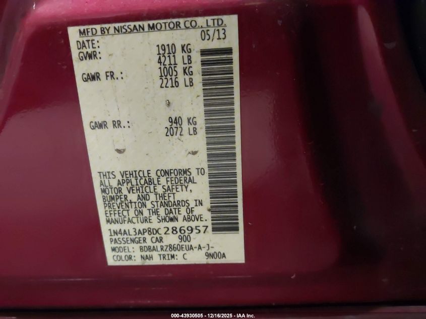 2013 Nissan Altima 2.5 S VIN: 1N4AL3AP8DC286957 Lot: 43930505