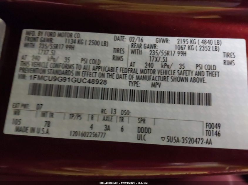 2016 Ford Escape Se VIN: 1FMCU9G91GUC48928 Lot: 43930508