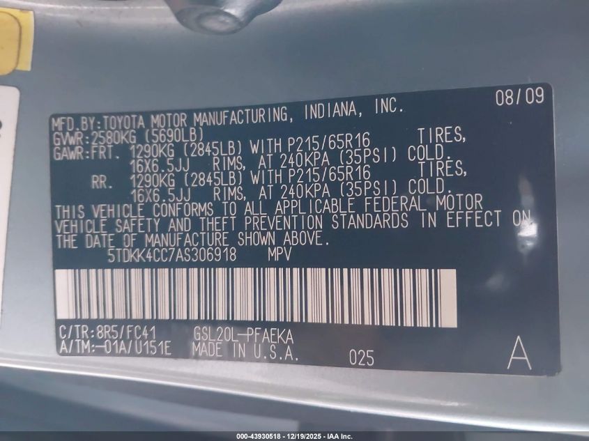 2010 Toyota Sienna Le VIN: 5TDKK4CC7AS306918 Lot: 43930518