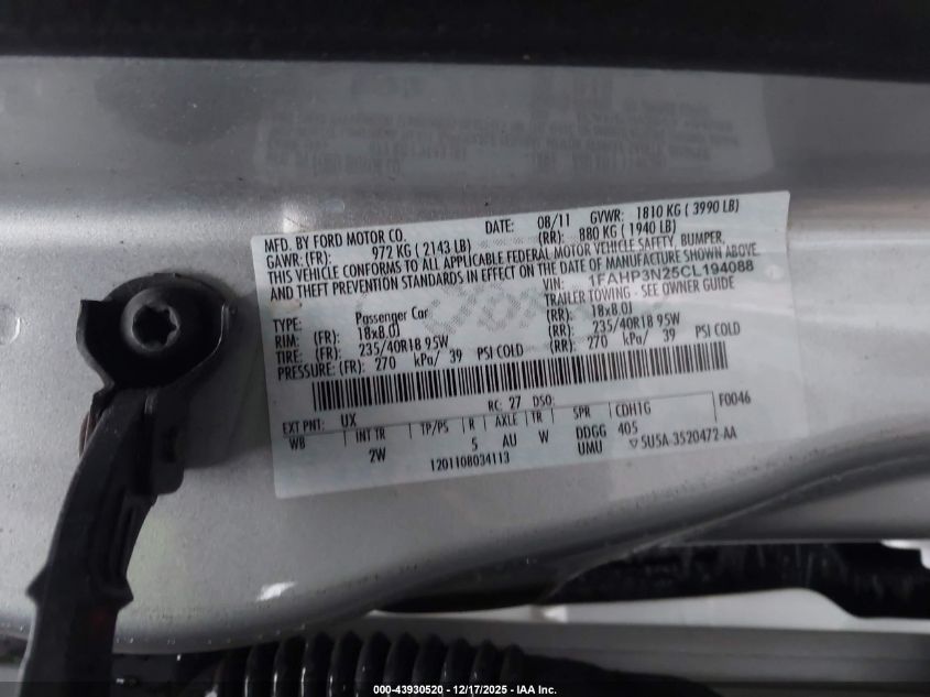 2012 Ford Focus Titanium VIN: 1FAHP3N25CL194088 Lot: 43930520