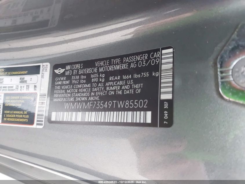 2009 Mini Cooper S VIN: WMWMF73549TW85502 Lot: 43930523