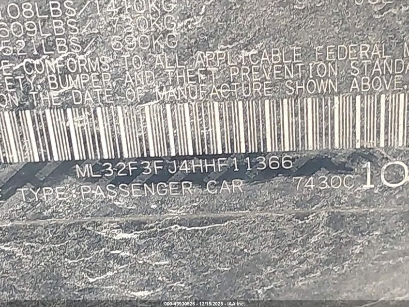 2017 Mitsubishi Mirage G4 Es VIN: ML32F3FJ4HHF11366 Lot: 43930526