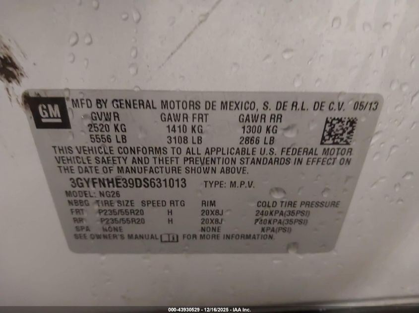 2013 Cadillac Srx Performance Collection VIN: 3GYFNHE39DS631013 Lot: 43930529