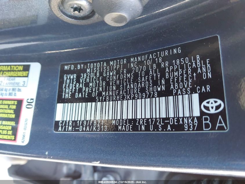 2019 Toyota Corolla Le VIN: 5YFBURHE3KP909778 Lot: 43930534