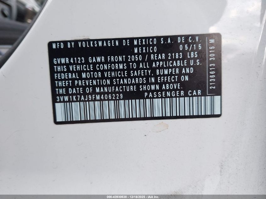 2015 Volkswagen Jetta 2.0L S VIN: 3VW1K7AJ9FM406229 Lot: 43930538